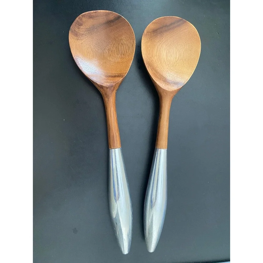 Heavy Wood & Metal Serving Spoons Set Vintage Possibly Nambe K3